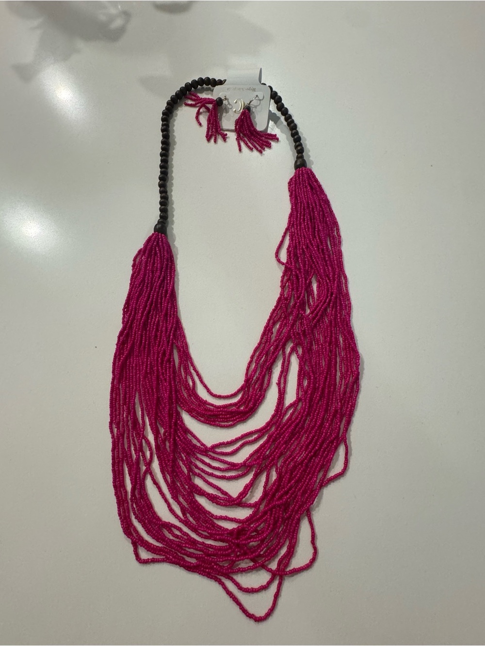 Fuchsia Multi-Strand Seed Bead Necklace with Black Accents